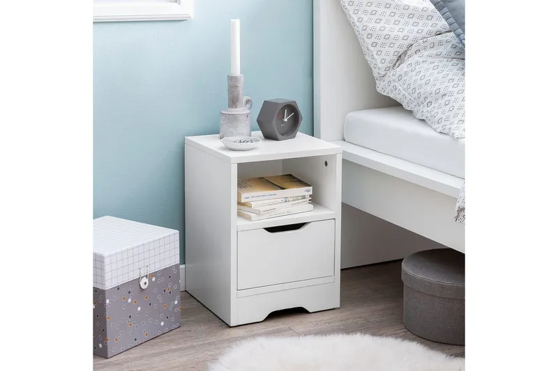 Yöpöytä Wohnling Valkoinen, jossa 1 laatikko, yksinkertainen moderni muotoilu ja hylly - Huonekalut - Pöytä & ruokailuryhmä - Apupöytä & sivupöytä - Yöpöytä