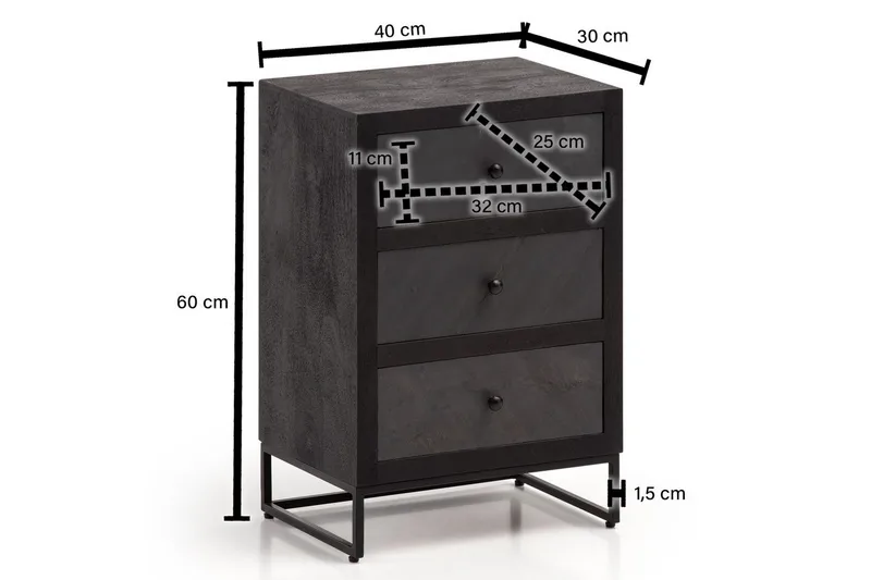 Yöpöytä Wohnling valmistettu massiivipuusta jenkkisängylle, 3 laatikkoa, liuskekivi-ilme, maalaismainen tyyli Musta - Musta - Huonekalut - Pöytä & ruokailuryhmä - Apupöytä & sivupöytä - Yöpöytä