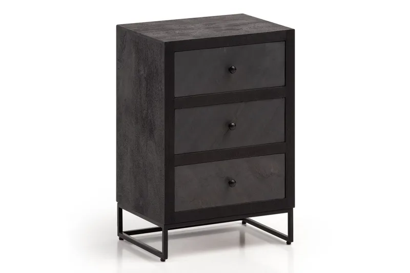 Yöpöytä Wohnling valmistettu massiivipuusta jenkkisängylle, 3 laatikkoa, liuskekivi-ilme, maalaismainen tyyli Musta, Musta