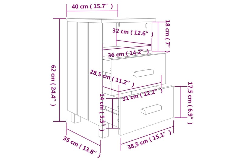 Yöpöydät 2 kpl valkoinen 40x35x62 täysi mänty - Valkoinen - Huonekalut - Pöytä & ruokailuryhmä - Apupöytä & sivupöytä - Yöpöytä