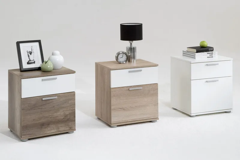 Yöpöytä Arwen 38 cm Säilytyksellä 2 laatikkoa - Valk/Tammenväri/Vaaleanharmaa - Huonekalut - Pöytä & ruokailuryhmä - Apupöytä & sivupöytä - Yöpöytä