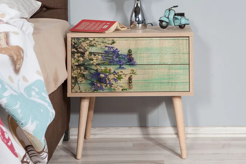 Yöpöytä Dirk 60 cm Säilytyksellä 2 laatikkoa Kirsikankukka - Tiikki - Huonekalut - Pöytä & ruokailuryhmä - Apupöytä & sivupöytä - Yöpöytä