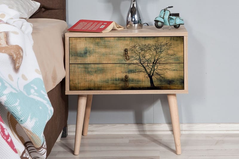 Yöpöytä Dirk 60 cm Säilytyksellä 2 laatikkoa Puusiluetti - Ruskea/Vihreä - Huonekalut - Pöytä & ruokailuryhmä - Apupöytä & sivupöytä - Yöpöytä