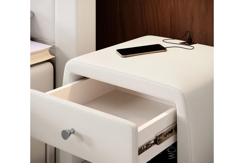 Yöpöytä Evander 48 cm säilytyksellä Laatikko - Valkoinen Keinonahka - Huonekalut - Pöytä & ruokailuryhmä - Apupöytä & sivupöytä - Yöpöytä