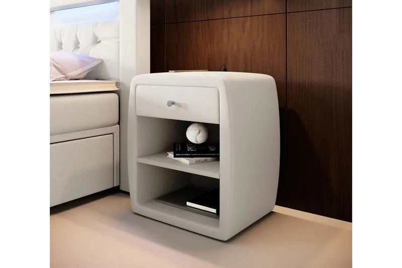 Yöpöytä Evander 48 cm säilytyksellä Laatikko - Valkoinen Keinonahka - Huonekalut - Pöytä & ruokailuryhmä - Apupöytä & sivupöytä - Yöpöytä