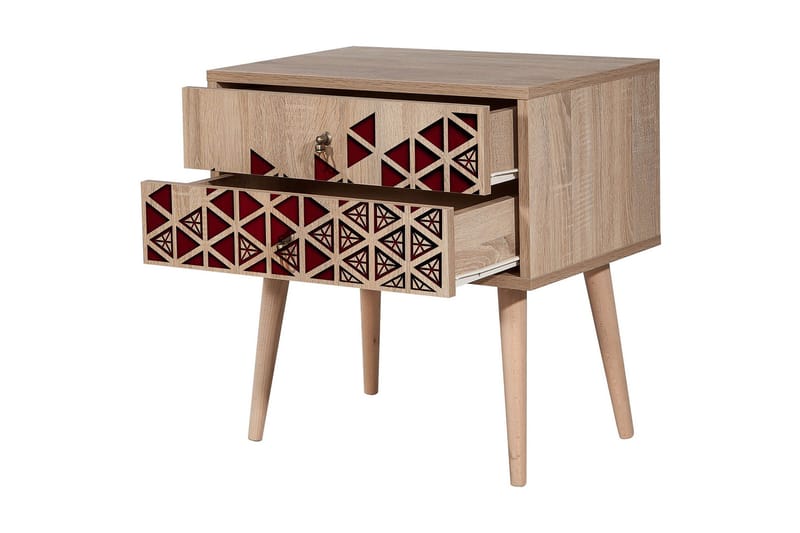 Yöpöytä Gillberga 60 cm Säilytyksellä 2 laatikkoa Kolmiot - Luonnonväri/Punainen - Huonekalut - Pöytä & ruokailuryhmä - Apupöytä & sivupöytä - Yöpöytä
