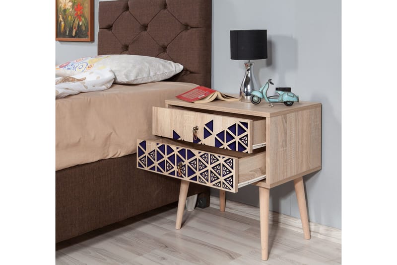 Yöpöytä Gillberga 60 cm Säilytyksellä 2 laatikkoa Kolmiot - Luonnonväri/Sininen - Huonekalut - Pöytä & ruokailuryhmä - Apupöytä & sivupöytä - Yöpöytä