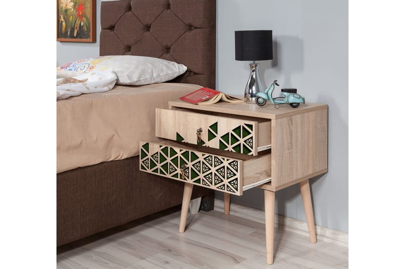Yöpöytä Gillberga 60 cm Säilytyksellä 2 laatikkoa Kolmiot - Luonnonväri/Vihreä - Huonekalut - Pöytä & ruokailuryhmä - Apupöytä & sivupöytä - Yöpöytä