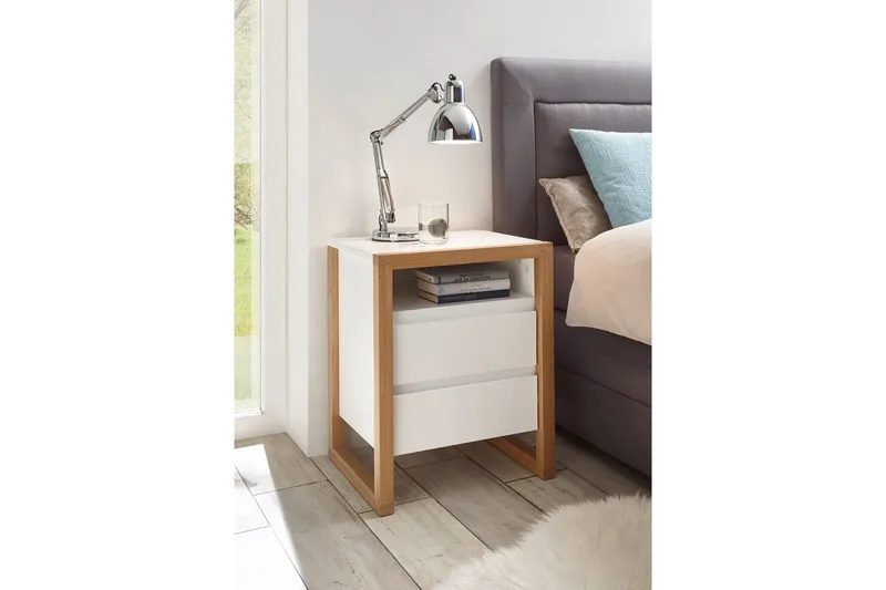 Yöpöytä Jimica 48 cm - Valkoinen/Tammi - Huonekalut - Pöytä & ruokailuryhmä - Apupöytä & sivupöytä - Yöpöytä