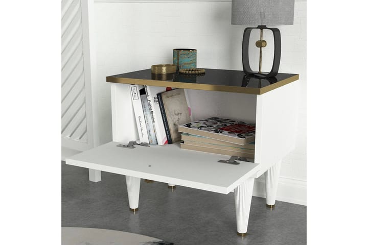 Yöpöytä Komatz 50 cm Säilytyksellä Laatikko - Valkoinen/Kulta/Musta - Yöpöytä - Marmoripöydät