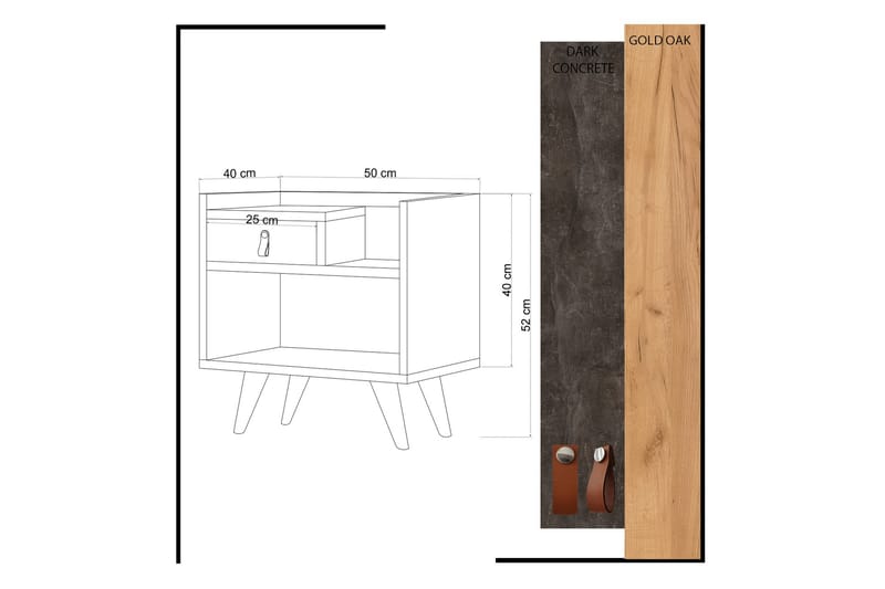 Yöpöytä Naidaj 50 cm Säilytyksellä Laatikko+Hylly Nahkavedin - Harmaa/Puu - Huonekalut - Pöytä & ruokailuryhmä - Apupöytä & sivupöytä - Yöpöytä