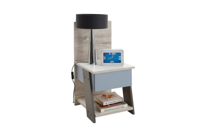Yöpöytä Ridley 34 cm Säilytyksellä laatikot+Paneeli - Valkoinen/Beige/Harmaa/Sininen - Yöpöytä