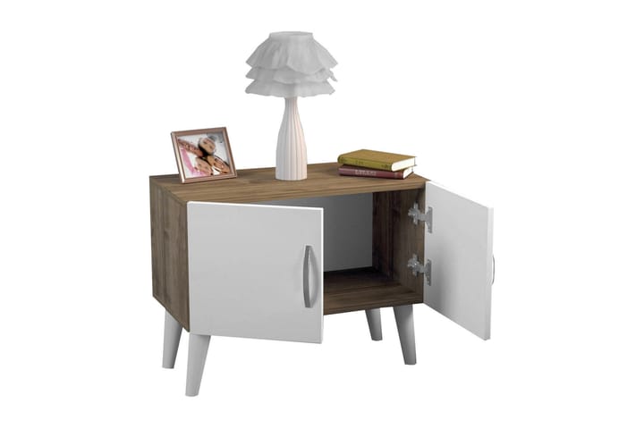 Yöpöytä Shaneka 70 cm Bred Säilytyksellä 2 kaappia - Valkoinen/Pähkinänruskea - Yöpöytä