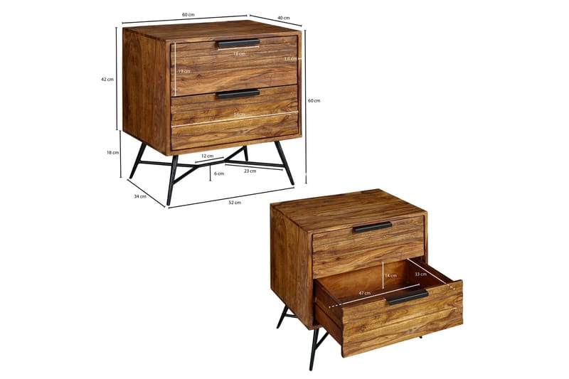 Yöpöytä Stamer 60 cm Säilytyksellä 2 laatikkoa - Massiivi Puu/Musta - Huonekalut - Pöytä & ruokailuryhmä - Apupöytä & sivupöytä - Yöpöytä