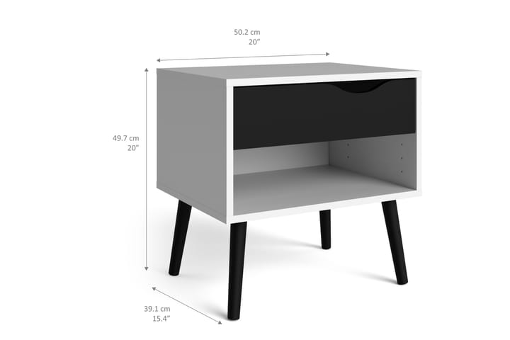 Yöpöytä Vasiliki 50 cm Säilytyksellä Laatikko+Hylly - Valkoinen/Musta - Yöpöytä