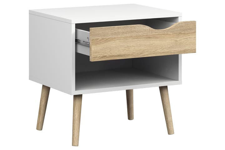 Yöpöytä Vasiliki 50 cm Säilytyksellä Laatikko+Hylly - Valkoinen/Tammenväri - Yöpöytä