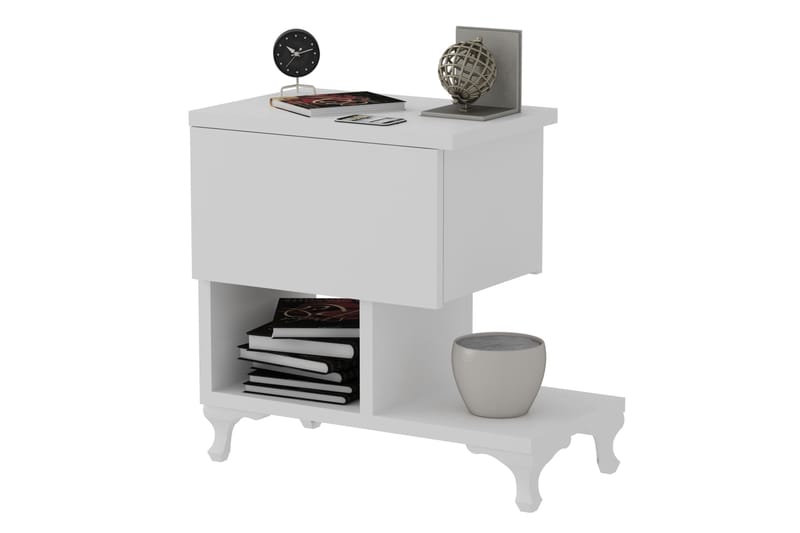 Yöpöytä Pangler 46 cm Säilytyksellä Laatikko+Hyllyt Jalat - Valkoinen - Huonekalut - Pöytä & ruokailuryhmä - Apupöytä & sivupöytä - Yöpöytä