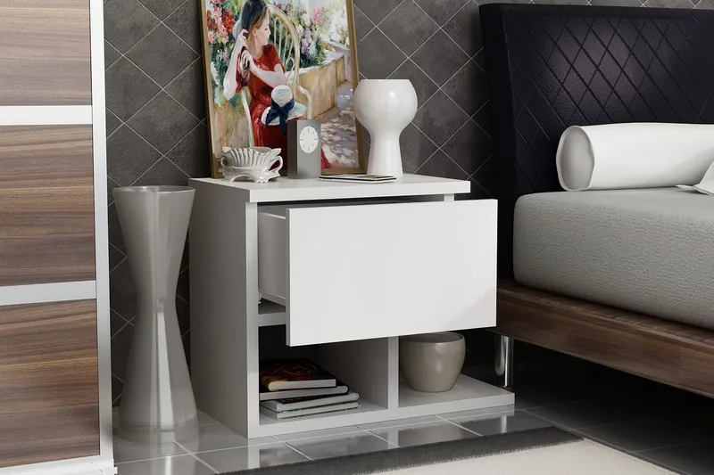 Yöpöytä Pangler 46 cm Säilytyksellä Laatikko+Hyllyt - Valkoinen - Huonekalut - Pöytä & ruokailuryhmä - Apupöytä & sivupöytä - Yöpöytä