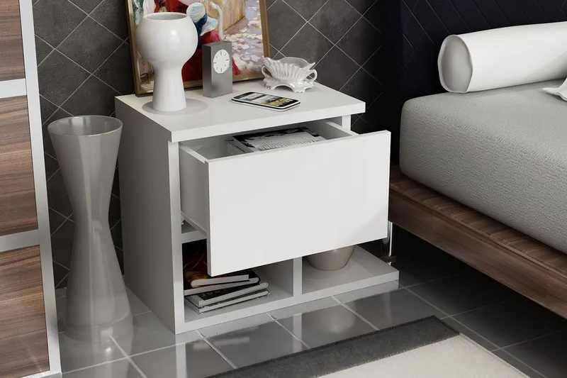 Yöpöytä Pangler 46 cm Säilytyksellä Laatikko+Hyllyt - Valkoinen - Huonekalut - Pöytä & ruokailuryhmä - Apupöytä & sivupöytä - Yöpöytä