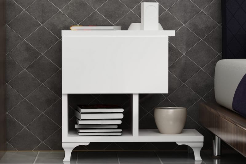 Yöpöytä Pangler 46 cm Säilytyksellä Laatikko+Hyllyt Jalat - Valkoinen - Huonekalut - Pöytä & ruokailuryhmä - Apupöytä & sivupöytä - Yöpöytä