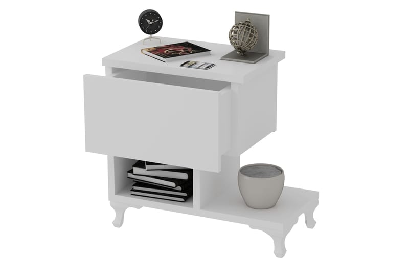 Yöpöytä Pangler 46 cm Säilytyksellä Laatikko+Hyllyt Jalat - Valkoinen - Huonekalut - Pöytä & ruokailuryhmä - Apupöytä & sivupöytä - Yöpöytä