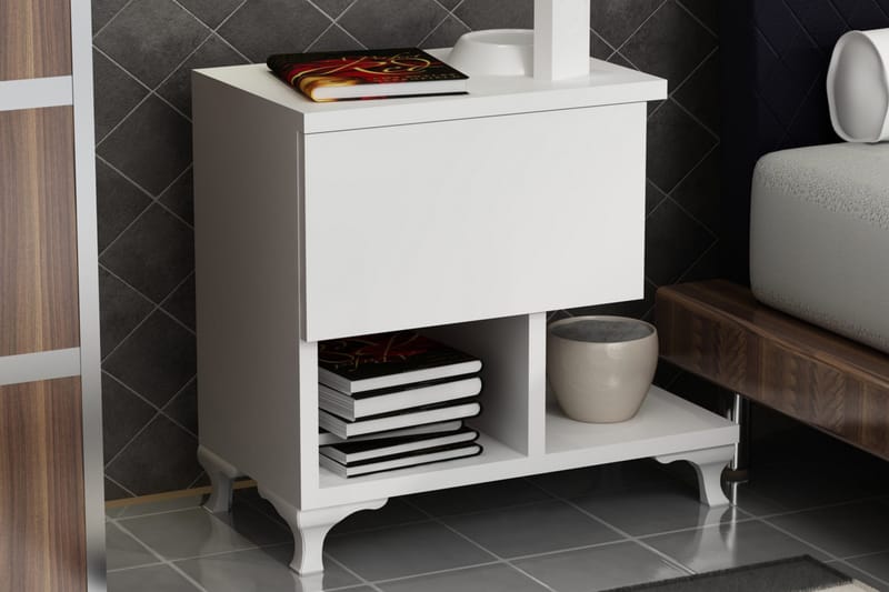 Yöpöytä Pangler 46 cm Säilytyksellä Laatikko+Hyllyt Jalat - Valkoinen - Huonekalut - Pöytä & ruokailuryhmä - Apupöytä & sivupöytä - Yöpöytä