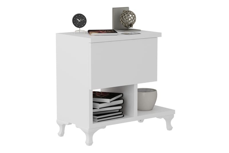 Yöpöytä Pangler 46 cm Säilytyksellä Laatikko+Hyllyt Jalat - Valkoinen - Huonekalut - Pöytä & ruokailuryhmä - Apupöytä & sivupöytä - Yöpöytä