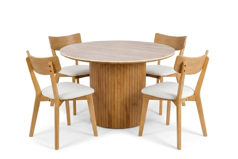 Arvo-ruokailuryhmä, pyöreä 120 cm, tammi, 4 Amelia-ruokapöydän tuolia pehmusteineen, Tammi