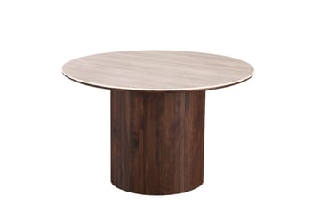 Arvo-ruokailuryhmä, pyöreä 120 cm Travertiini, pähkinäpuu, 4 Greya-ruokapöydän tuolia - Pähkinä - Huonekalut - Pöytä & ruokailuryhmä - Ruokailuryhmä