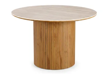 Arvo pyöreä ruokapöytä 120 cm travertiinia pylväsjalalla tammenjäljitelmää - Beige - Huonekalut - Pöytä & ruokailuryhmä - Ruokapöydät & keittiön pöydät
