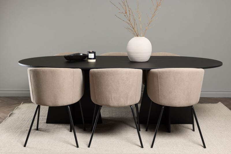 Bariso-ruokapöytä 230x115x75 cm, soikea, ja 6 Berit-käsinojatuolia
