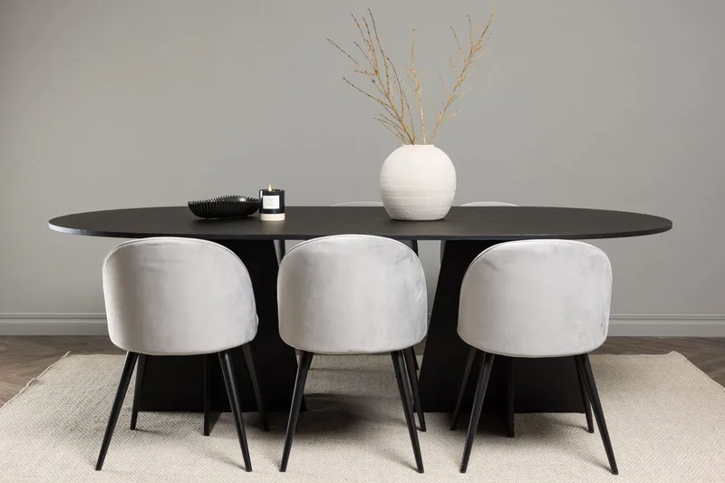 Bariso-ruokapöytä 230x115x75 cm, soikea, ja 6 samettista Velvet-keittiötuolia