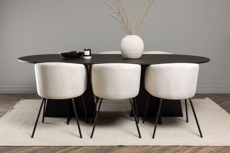 Bariso-ruokapöytä 230x115x75 cm, soikea, ja 6 samettiverhoiltua Berit-käsinojatuolia