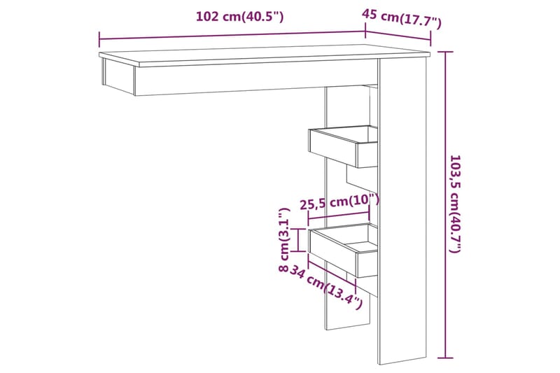 beBasic Seinäkiinnitettävä baaripöytä harm. 102x45x103,5cm tekninen puu - Harmaa - Huonekalut - Pöytä & ruokailuryhmä - Baaripöytä