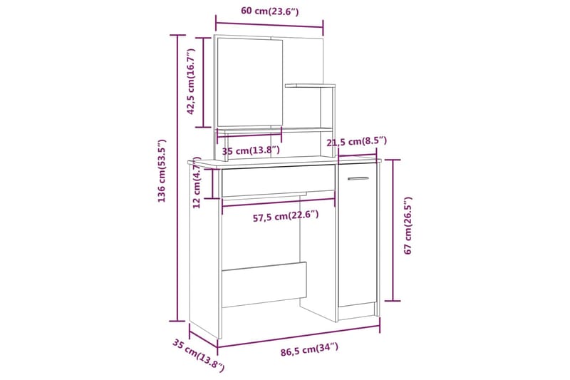 beBasic Peilipöytäsarja valkoinen 86,5x35x136 cm - Valkoinen - Meikki- & kampauspöydät