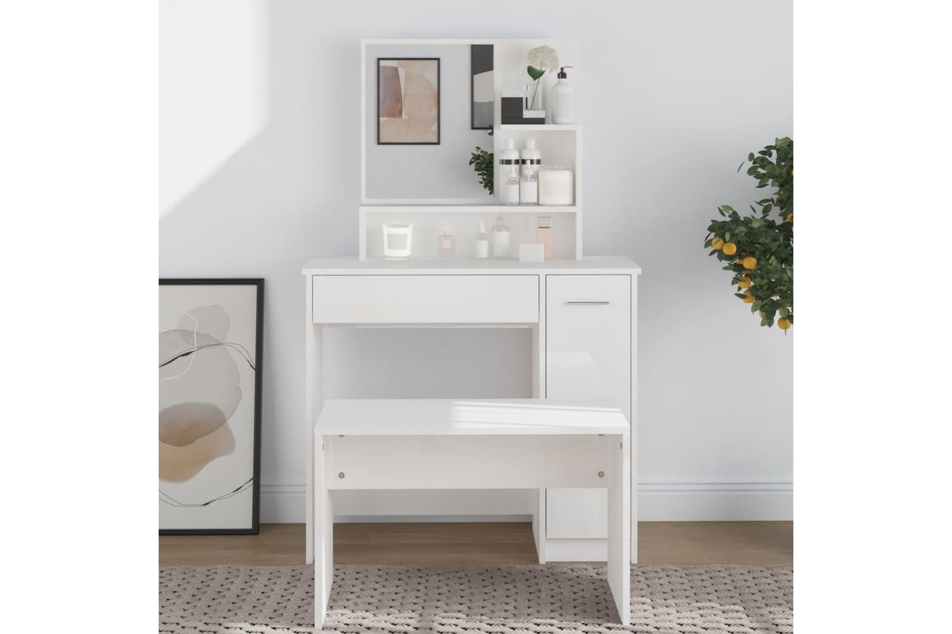 beBasic Peilipöytä korkeakiilto valkoinen 86,5x35x136 cm - Valkoinen - Huonekalut - Pöytä & ruokailuryhmä - Meikki- & kampauspöydät