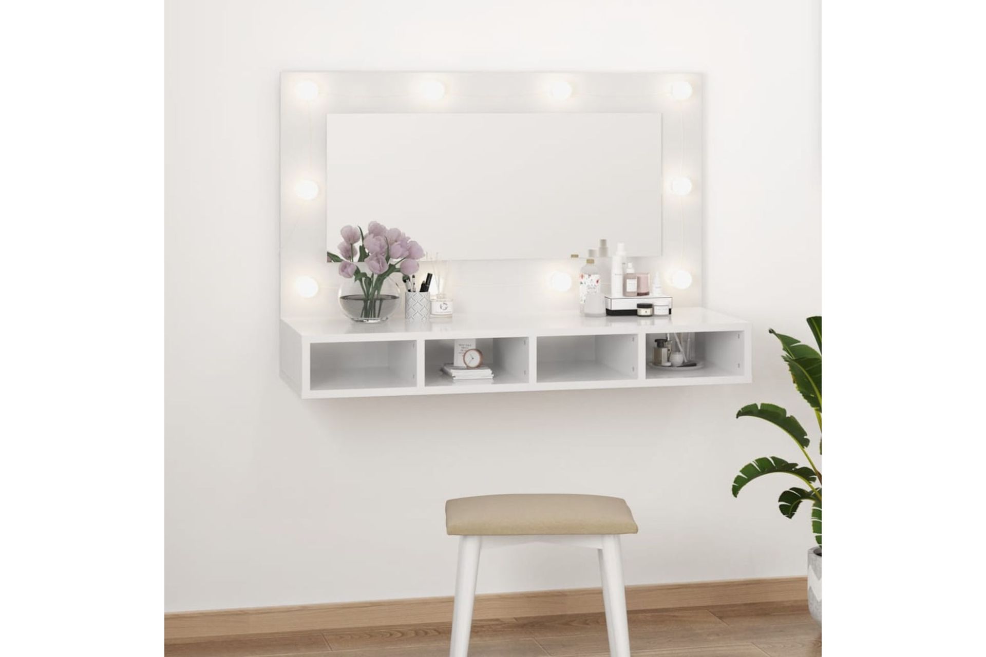 beBasic Peilikaappi LED-valoilla korkeakiilto valkoinen 90x31,5x62 cm - Valkoinen - Huonekalut - Pöytä & ruokailuryhmä - Meikki- & kampauspöydät