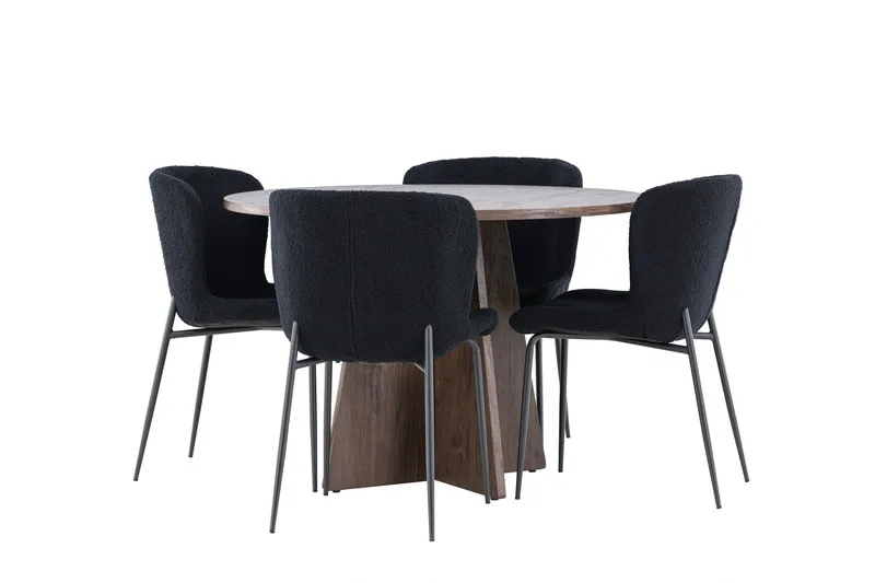 Bootcut Ruokailuryhmä 110 cm Pyöreä jossa 4 Modesto tuolia, Mokka/Musta