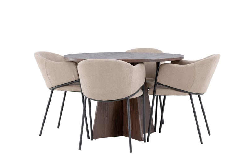 Bootcut Ruokailuryhmä 110 cm Pyöreä jossa 4 Evelina tuolia, Mokka/Beige