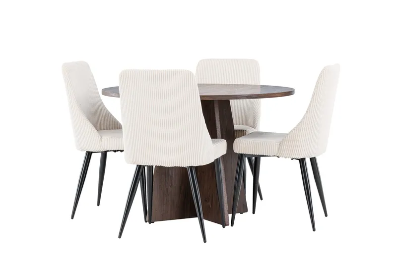 Bootcut Ruokailuryhmä 110 cm Pyöreä jossa 4 Leone tuolia, Mokka/Beige