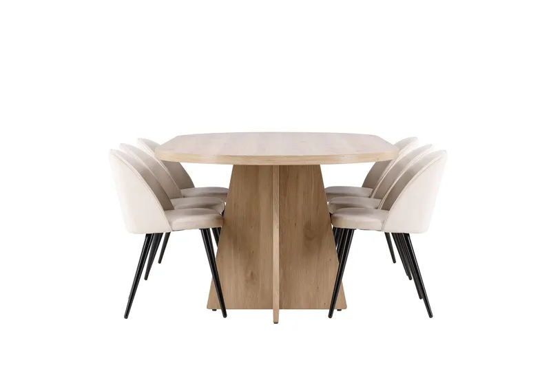 Bootcut Ruokailuryhmä 230 cm Suorakulmainen jossa 6 Velvet tuolia, Whitewash/Beige