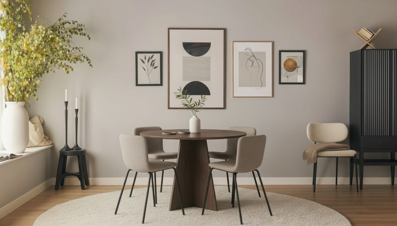 Bootcut Pyöreä Pieni Pähkinäruokapöytä 110 cm ja 4 Katy Ruokatuolia - Huonekalut - Pöytä & ruokailuryhmä - Ruokailuryhmä