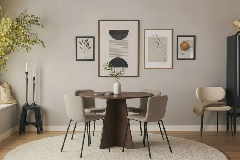 Bootcut Pyöreä Pieni Pähkinäruokapöytä 110 cm ja 4 Katy Ruokatuolia - Huonekalut - Pöytä & ruokailuryhmä - Ruokailuryhmä