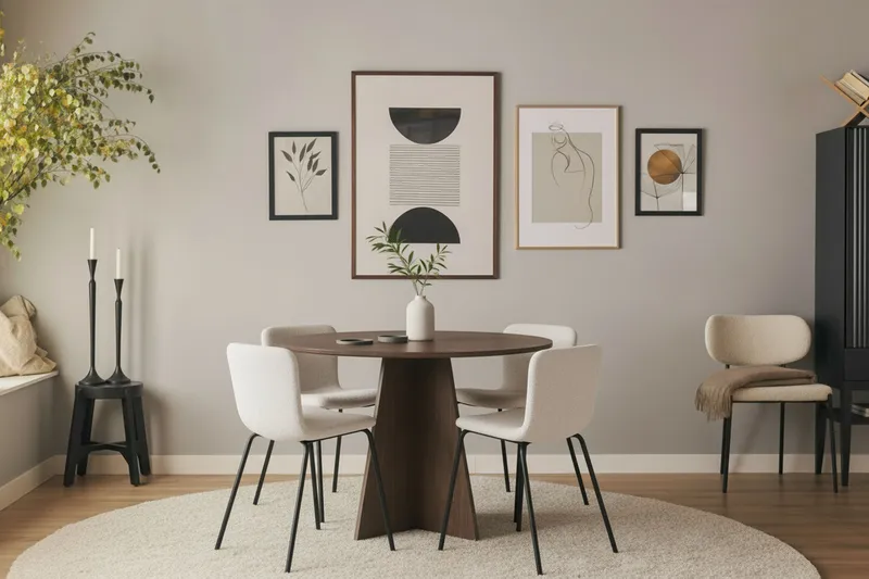 Bootcut Pyöreä Pieni Pähkinäruokapöytä 110 cm ja 4 Katy Ruokatuolia - Huonekalut - Pöytä & ruokailuryhmä - Ruokailuryhmä