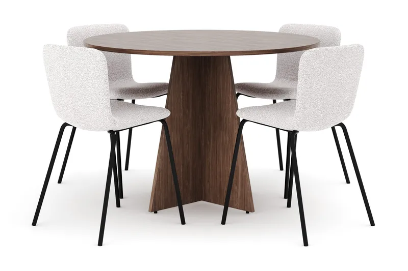 Bootcut Pyöreä Pieni Pähkinäruokapöytä 110 cm ja 4 Katy Ruokatuolia - Huonekalut - Pöytä & ruokailuryhmä - Ruokailuryhmä