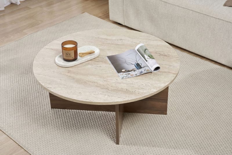 Boro sohvapöytä 90x40x90 cm - Travertine ja pähkinäpuu - Huonekalut - Pöytä & ruokailuryhmä - Sohvapöytä