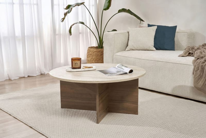 Boro sohvapöytä 90x40x90 cm - Travertine ja pähkinäpuu - Huonekalut - Pöytä & ruokailuryhmä - Sohvapöytä