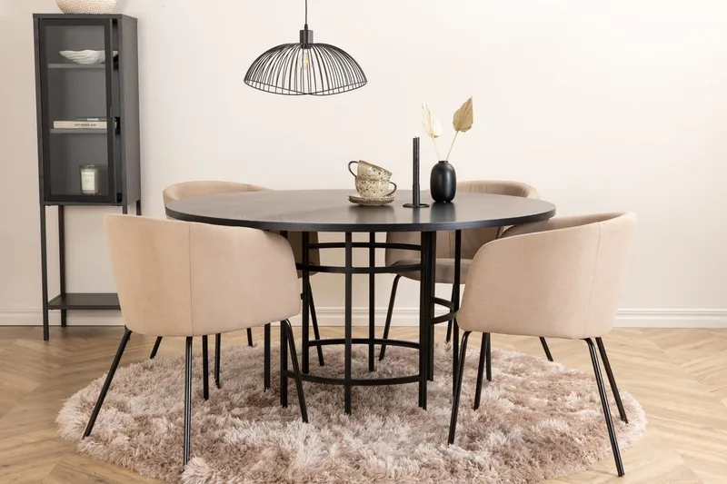 Copenhagen ruokailuryhmä 140 cm pyöreä, 4 Berit-tuolia, beige/musta