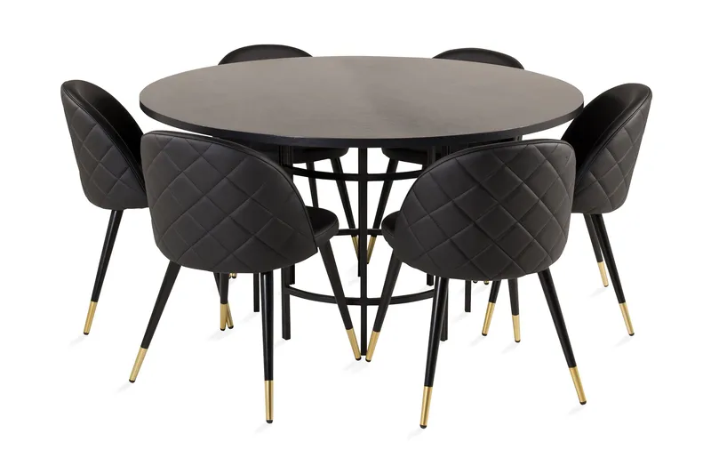 Copenhagen-ruokailuryhmä ja 6 Valera-ruokatuolia, messinki/musta, Furniture Fashion