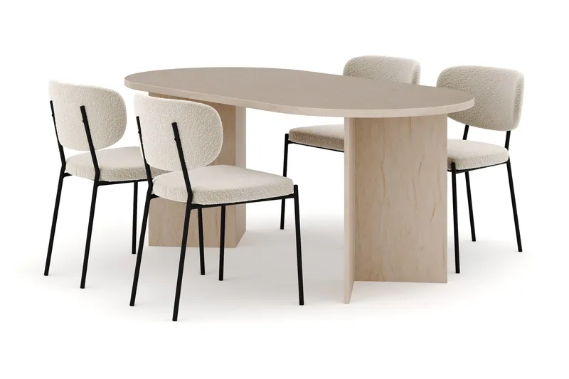 Dano Ruokapöytä 180 cm 4 Gemmiano Ruokatuolit, Travertiini / Valkoinen Bouclé